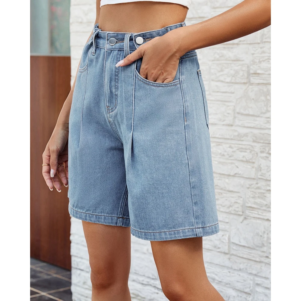 Summer Women Washed Waist Adjustable Denim Pants Femme Fashion Ruched Five Quarter Straight Leg Jeans Short Pants With Pockets