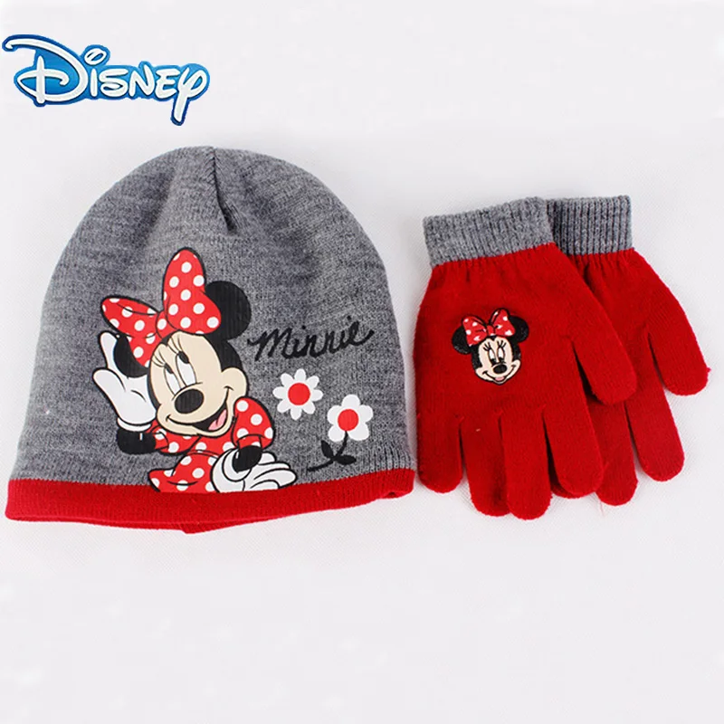 Disney 2Pcs/set Minnie Print Knitted Hat Gloves Winter Warm Fashion Children\'s Hats Girl Cap Magic Glove Hat Kids Christmas Gift