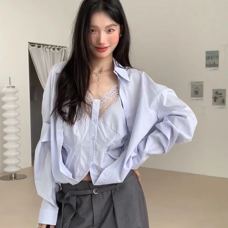 

Korean Fashion Sweet Spliced Lace Blouse Loose High Street Casual Fakw Two Piece Y2k Harajuku Personality Punk Women Clothes