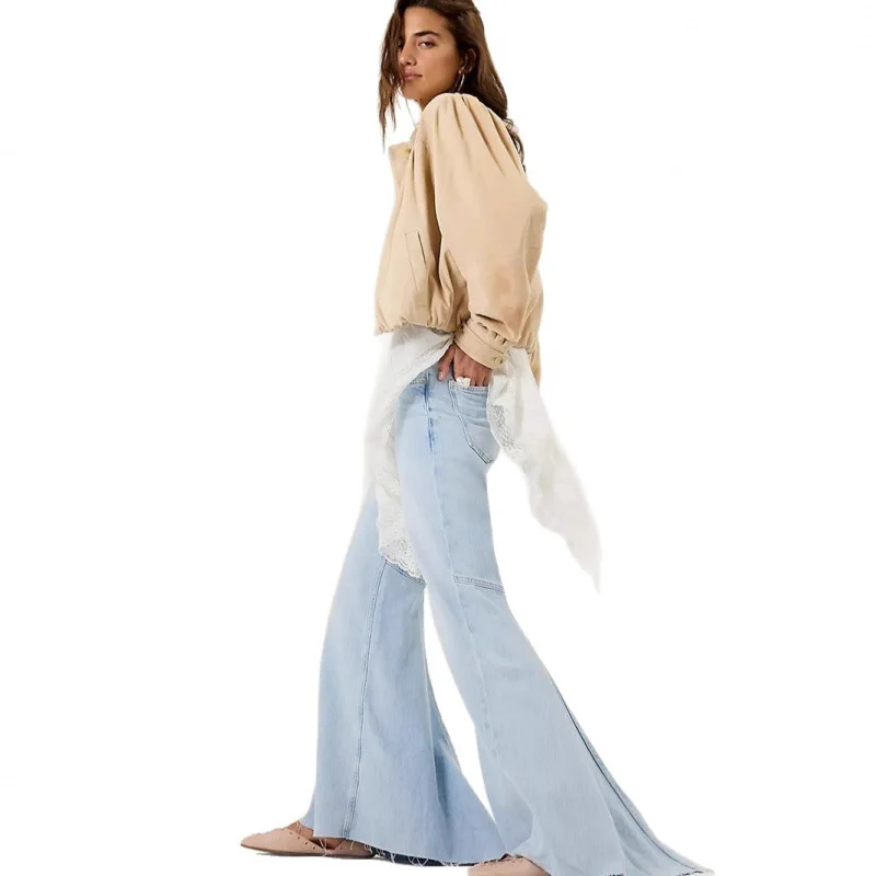 플레어 팬츠 여성용 바닥 길이 바지 유럽 및 미국 스타일 패치워크 청바지 하이웨이스트 패션 롱 팬츠