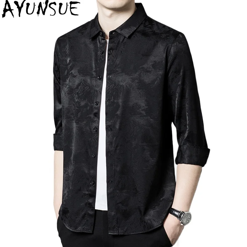 

SYUNSUE 92.4% Mulberry Silk Mens Shirts Camisas Hombre Long Sleeve Shirt Spring Men Clothing Black Shirt Casual Fashion Tops