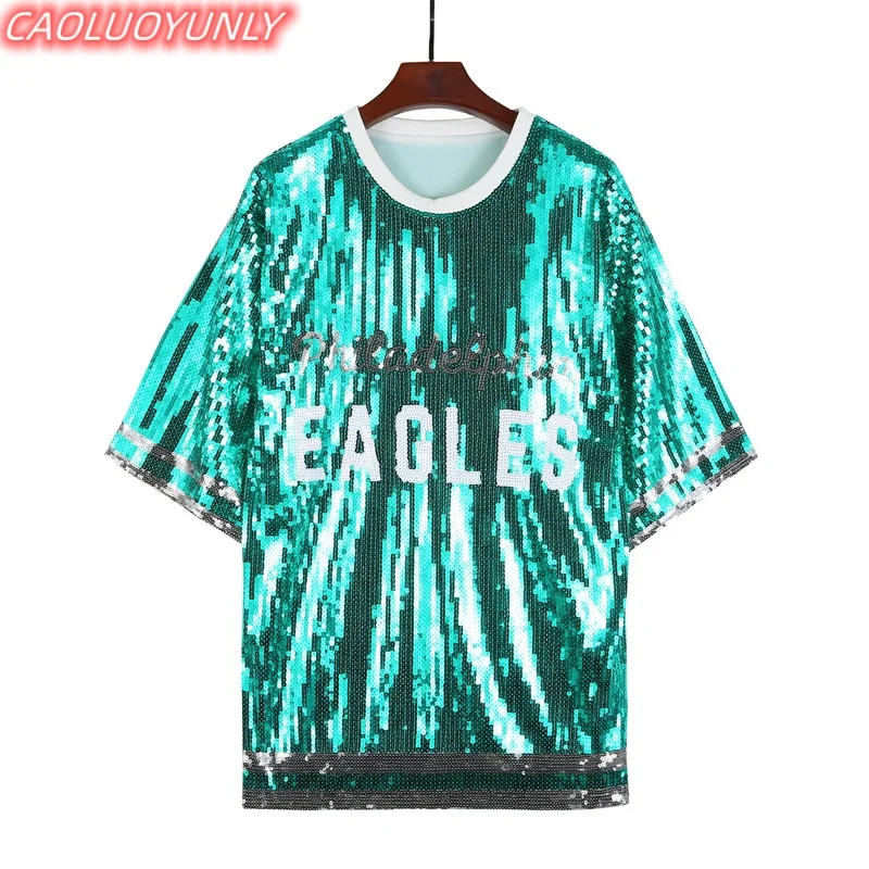 

Summer New Sequins Letter Striped Short Sleeve T-Shirt Hip Hop Round Neck Solid Color Straight Night Club Loose Women' Wears