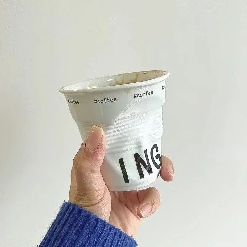 Korean Style Cups and Mugs Coffee Mug White Ceramic Nordic Wrinkle Cup 200ml Drinking Coffe Tumbler English Letter