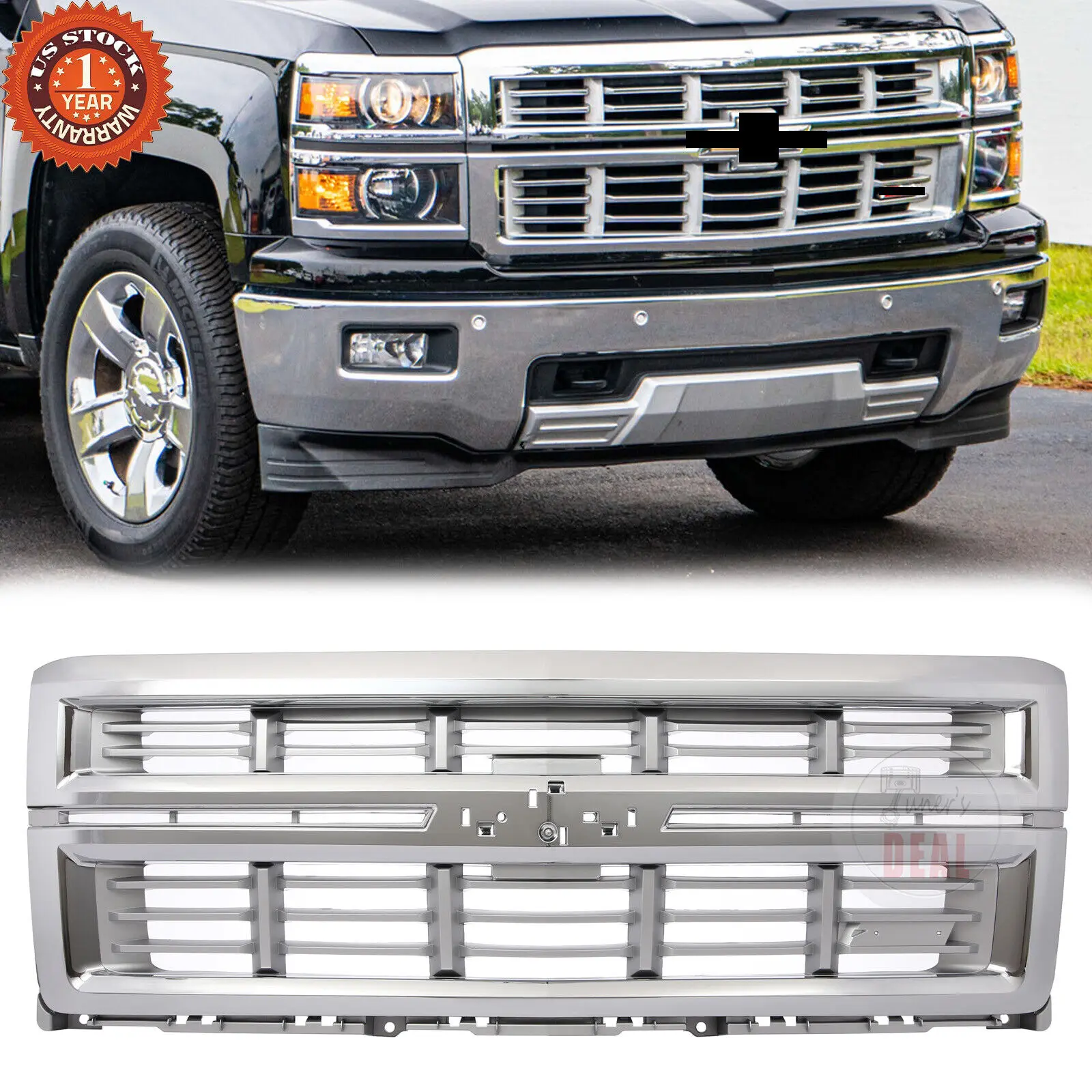 Front Bumper Grille Fits 2014 2015 Chevrolet Silverado 1500 W/Chrome Surround Horizontal Billet Grill Auto Accessories