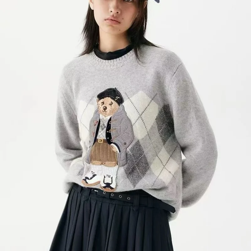 

Новый осенний жаккардовый вязаный свитер, женский модный винтажный клетчатый элегантный тонкий пуловер с круглым вырезом и длинными рукавами, топ, трикотаж