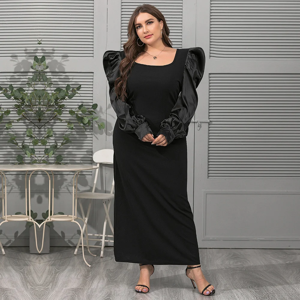 New Plus Size Women Dresses Fashion Square Neck Bubble Sleeve Loose Elegant Dress Casual Elegant Splicing Solid Color Dress 2023
