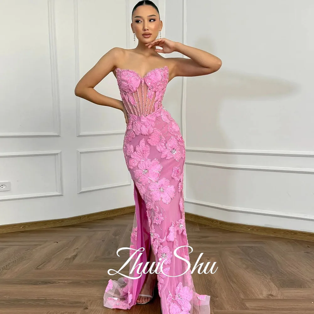 

ZHUISHU Mermaid Sexy Prom Dresses Party Gown Woman Flowers Side Slit Customized Sleeveless Luxury Women Evening Dress