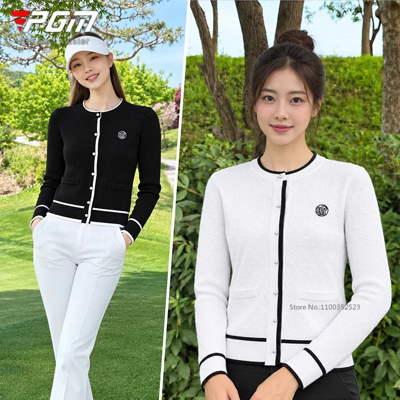 Pgm Women Knit Golf Cardigan Sweater Autumn Winter Long Sleeve Warm Top Knitwear Female Round Neck Golf Jacket S-XL