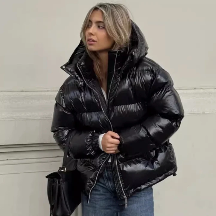 Solid Glossy Zipper Hooded Coats Women's Warm Elastic Waist Pleated Short Cotton Jacket 2026 Winter New Lady High Street Outwear