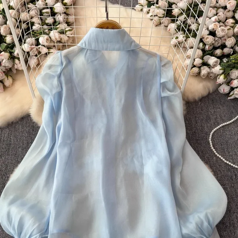 Vintage Sweet Women Clothing Blusas Mujer Turn Down Collar Single-breasted Blouses Diamonds Stereo Flower Lantern Sleeve Shirts