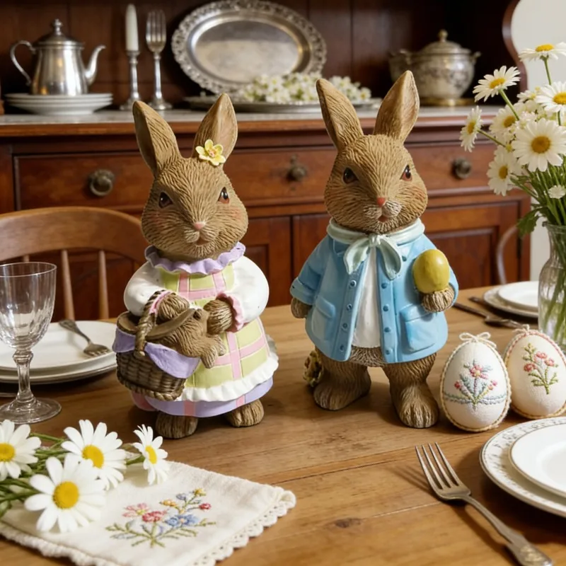 Mini Figurines 5inch/13cm Mr. Rabbit Miss Rabbit's Little Ornament Cute Easter Resin Decoration for Party Home Holiday Gift