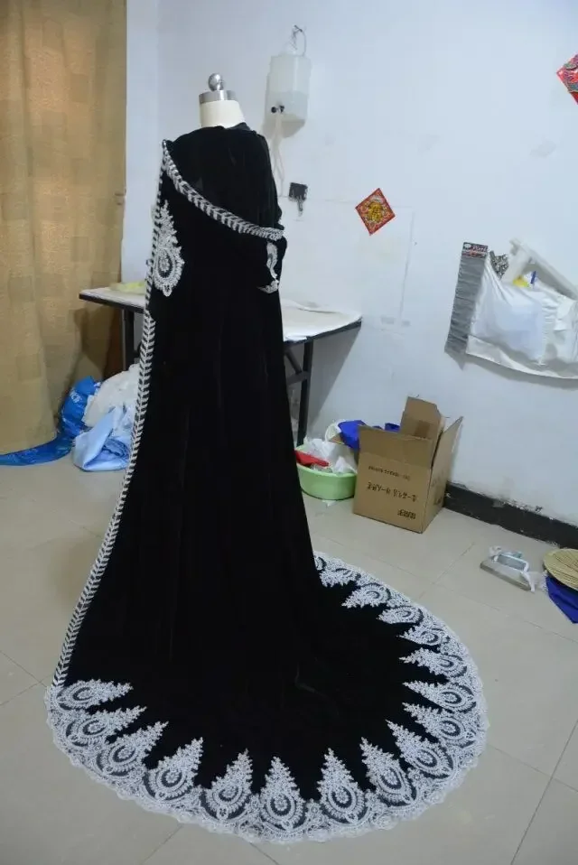 Dark Green Velvet Bridal Cape with Hood - alternate angle