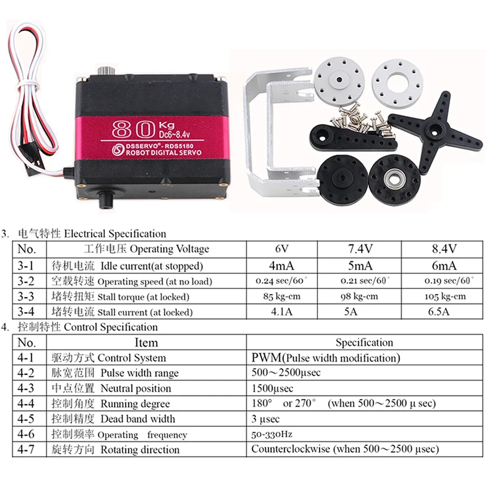 Dssservo-Digital Metal Gear Motor, alto torque, robô de eixo duplo, servo RC, suporte de montagem em U, 180 graus, 270 graus, IP66, RDS5180, 80kg