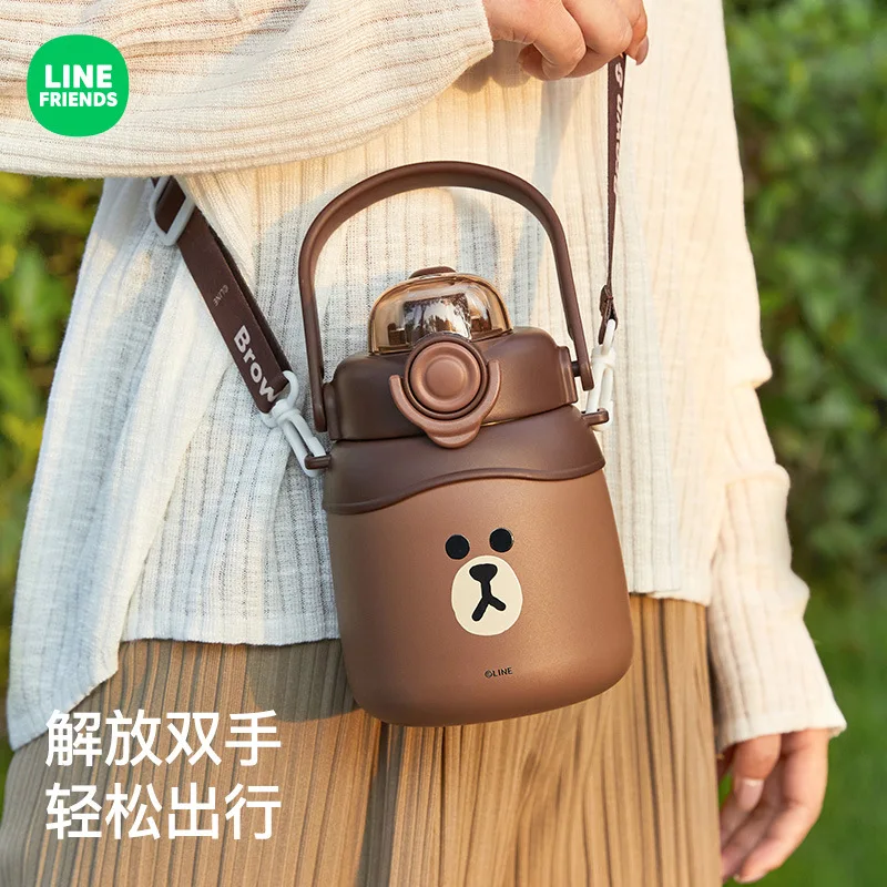 LINE FRIENDS Brown Cartoon 316 Food Grade Stainless Steel Large Capacity Water Bottle Anime Kawaii Travel Sports Insulated Cup