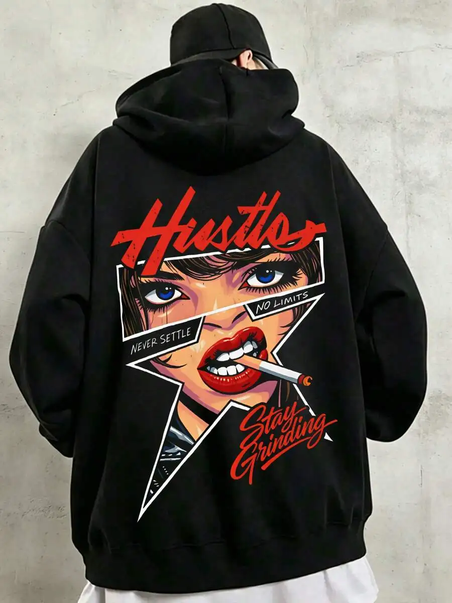 Hustler Graphic Print With Bold Red And White Text Mens Clothes,Men, Fall Clothes,Streetwear