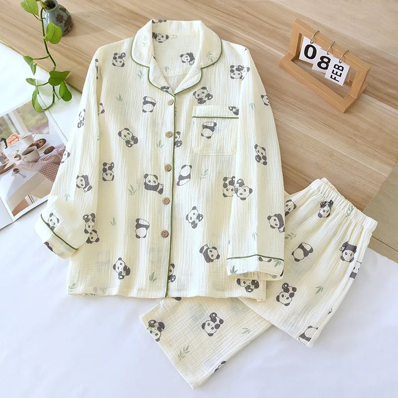 2024 New Women\'s Spring and Autumn Pajama Set 100% Cotton Cute and Simple Long sleeved Pants Two piece Home Furnishing Set