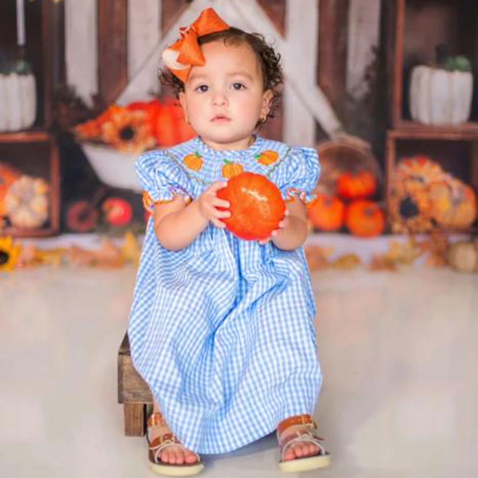 Baby Halloween Fall Romper Pumpkin Embroidered Plaid Short Sleeve Round Neck Ruffled Jumpsuits