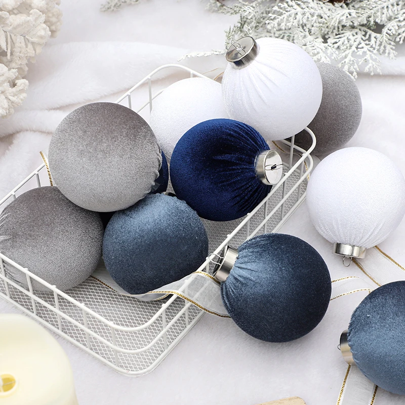 Blue Velvet Christmas Ornaments Ball Christmas Tree Ball Ornaments Plastic Decorative Christmas Tree Hanging Ball for Xmas Home