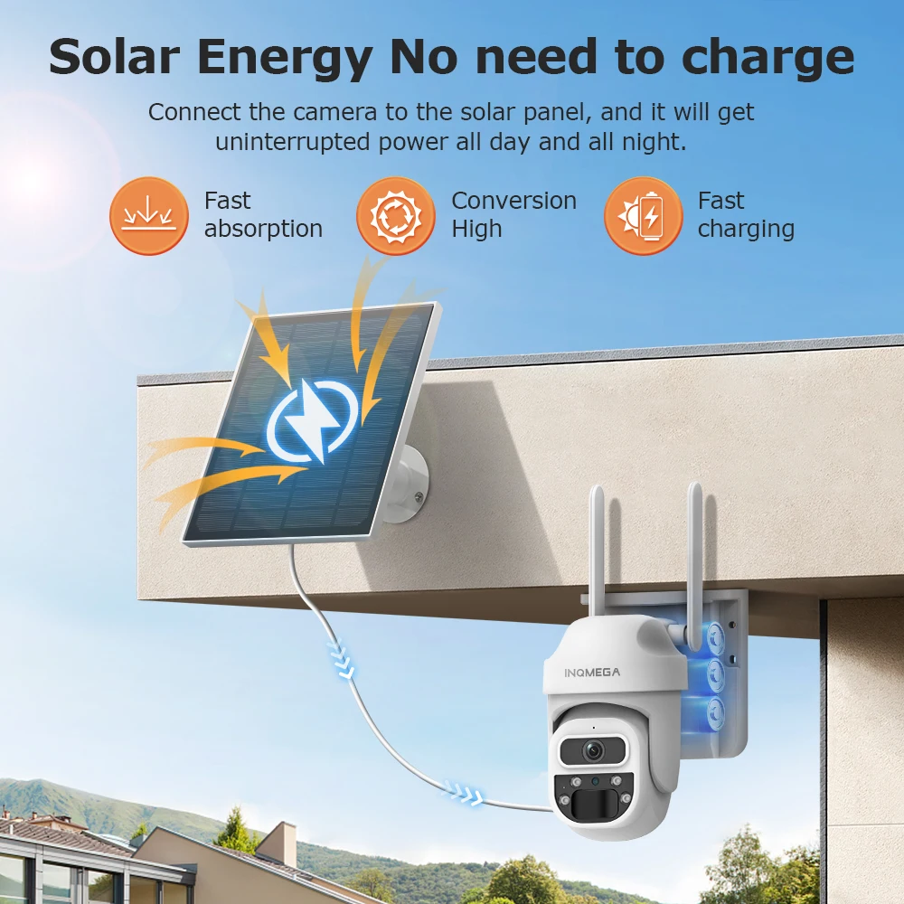 INQMEGA WIFI / 4G Solar Powered Camera Rechargeable Battery PTZ Outdoor PIR Motion Detection 2-Way Audio Surveillance Camera
