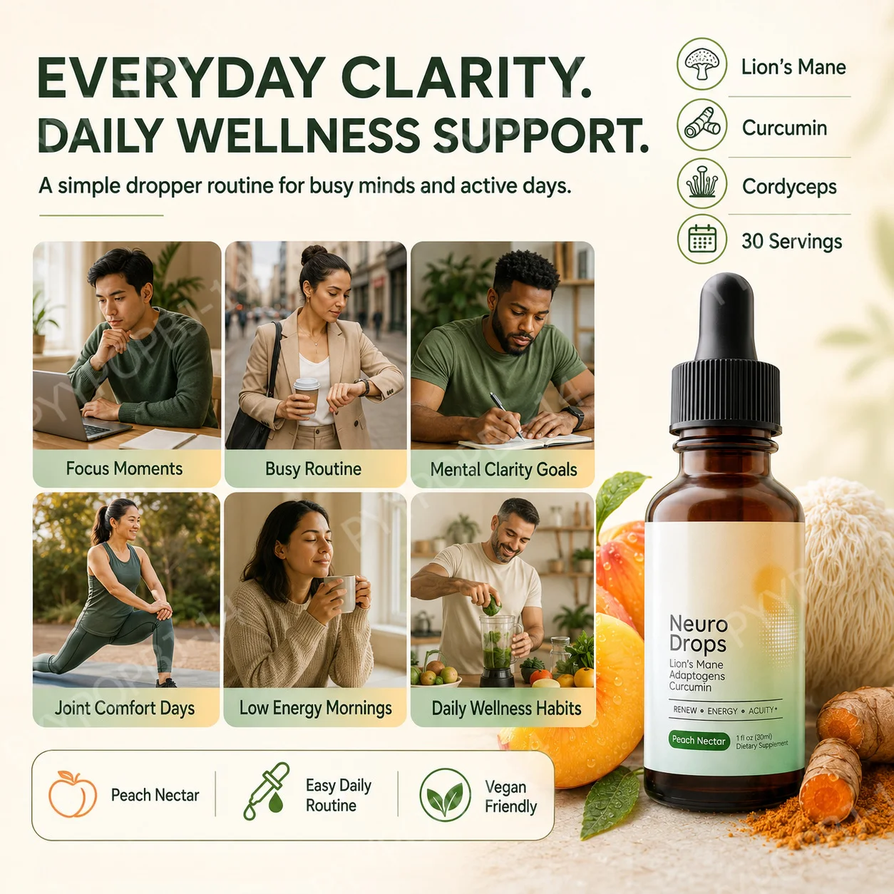 Lion’s Mane Mushroom Liquid Drops with Turmeric Curcumin, Reishi Cordyceps Chaga Turkey Tail, Peach Flavor, 30 Servings