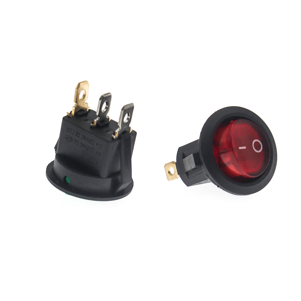 50Pcs/Lot KCD1 Lamp 3Pin 23mm SPST 250V 6A Boat Round Switch Snap-in ON/OFF LED Rocker Switch with Light  RED Green Copper feet