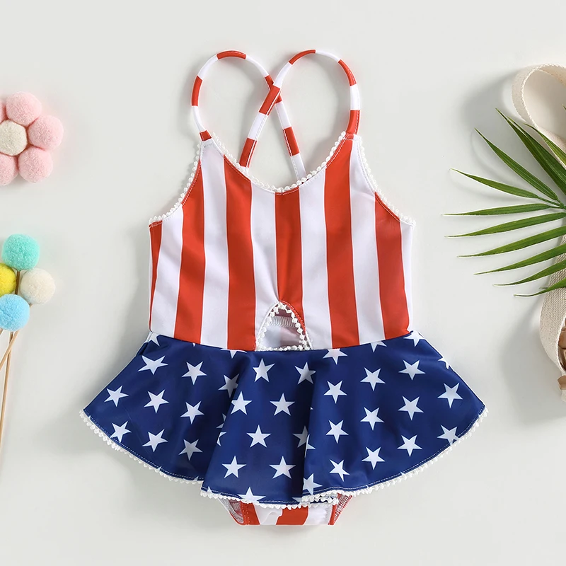 

Girls Patriotic Sleeveless V Neck Cutout Romper Swimsuit American Flag Print Beach Pool Bodysuit Swimwear Short Romper for