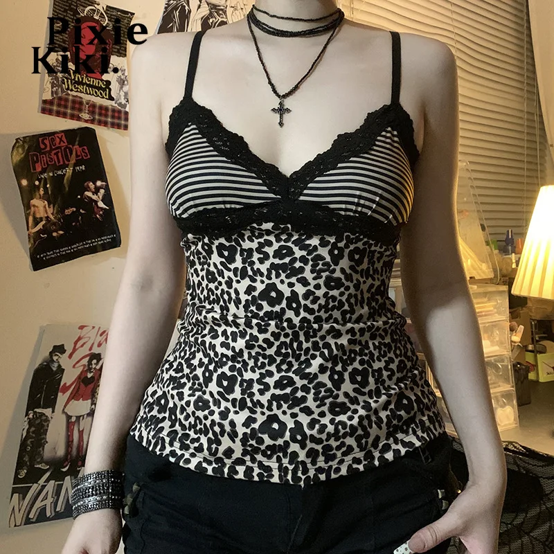 PixieKiki Cheetah Print Y2k 2000s Cami Tops Lace Trim Deep V Neck Backless Cute Tank Top Women Clothing P84-BF10