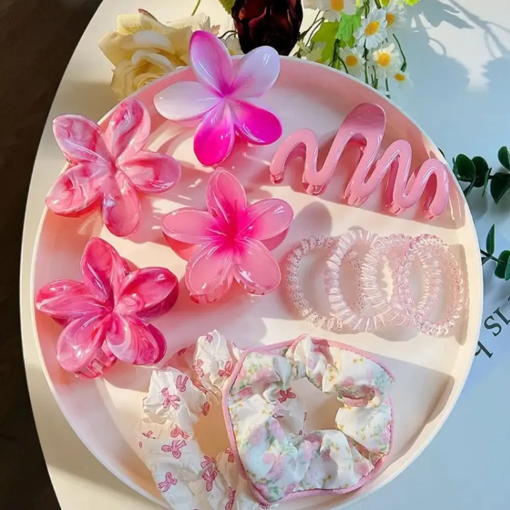 

11pcs/Set Plumeria Hawaiian Hair Clamps Set Colorful Rubber Band Wave Shark Clips Elastic Ponytail Holder Hair Accessories