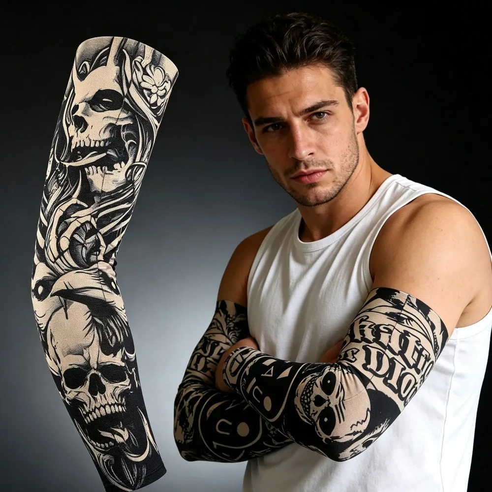2 Pcs Men Women Tattoo Arm Sleeves Seamless Breathable Sun Protection Cooling Guards for Cycling Fishing Outdoor Gifts