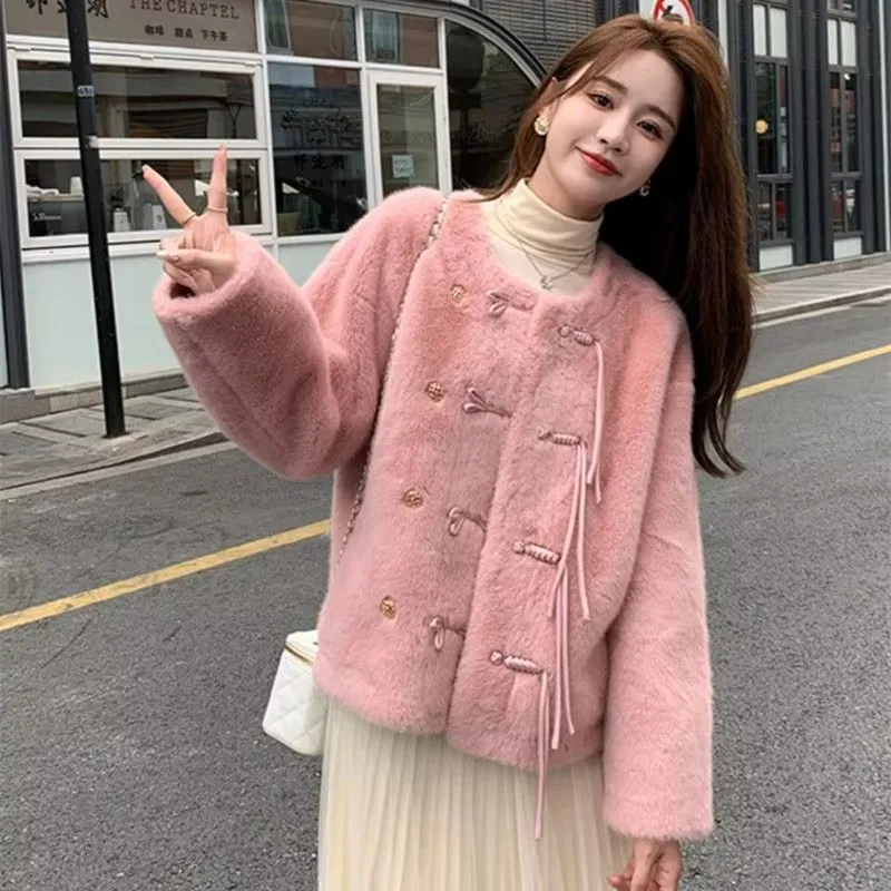 Women Short Round Neck Berber Fleece Coat Winter Female Fashion Loose Thick Fur Integrated Warm Outwear Casual Solid Color Top