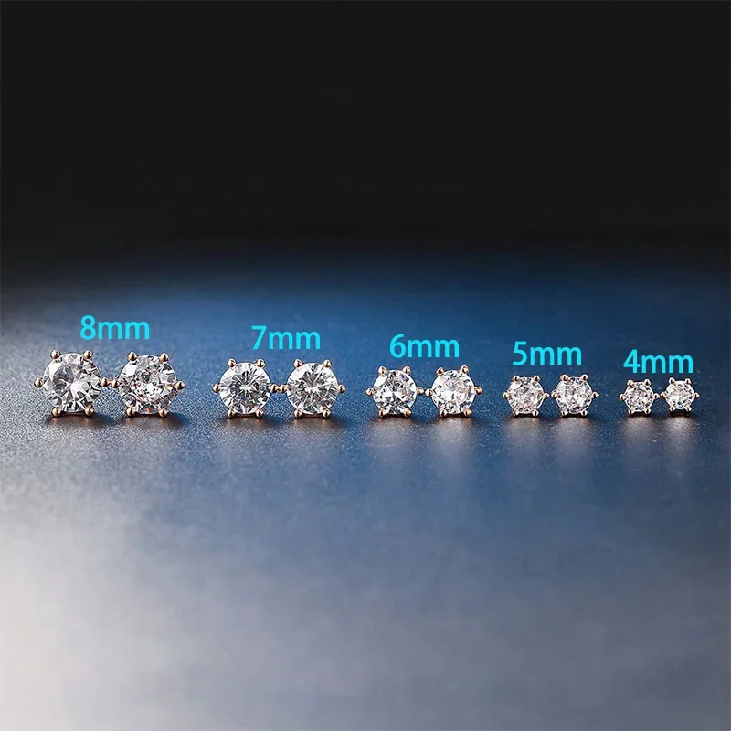 1 Pc Classic Six Claws 3/4/5/6/7/8mm Round Cut Cubic Zirconia 5 Colors Stud Earring For Women Man Fashion Jewelry New Year Gifts