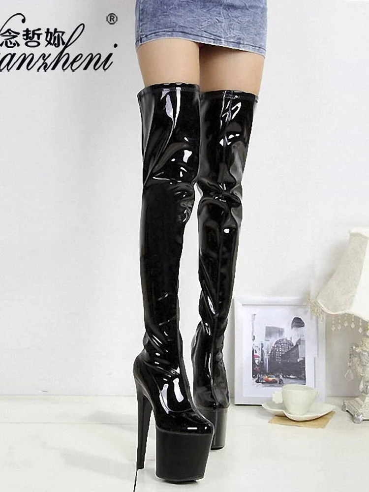 

Over The Knee Boots Round Toe Queen Gothic Stripper Heel Pole Dance 20cm Nightclub Sexy Fetish Shoes Thin Heels Catwalk Big Size