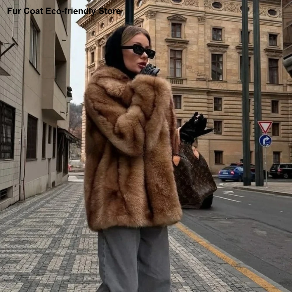 Women Hooded Faux Fur Coat Artificial Short Fur Coat Winter Exclusive Striped Faux Fur Jacket Women Overcoat Fashion Fluffy Fur