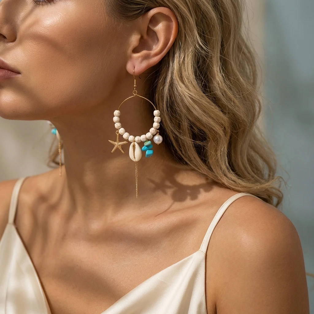 

Mermaidcore Ocean Charm Hoop Earrings for Women Starfish Shell Imitation Pearl Turquoise Stone Dangle Summer Beach Jewelry