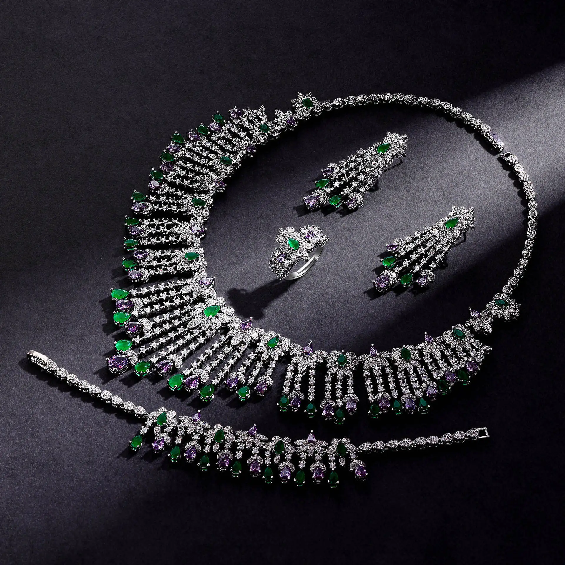 4Pcs Luxury Tassel Green Purple Cubic Zirconia Necklace Earrings Bracelet Ring Women Bridal Wedding Party Fashion Jewelry Set