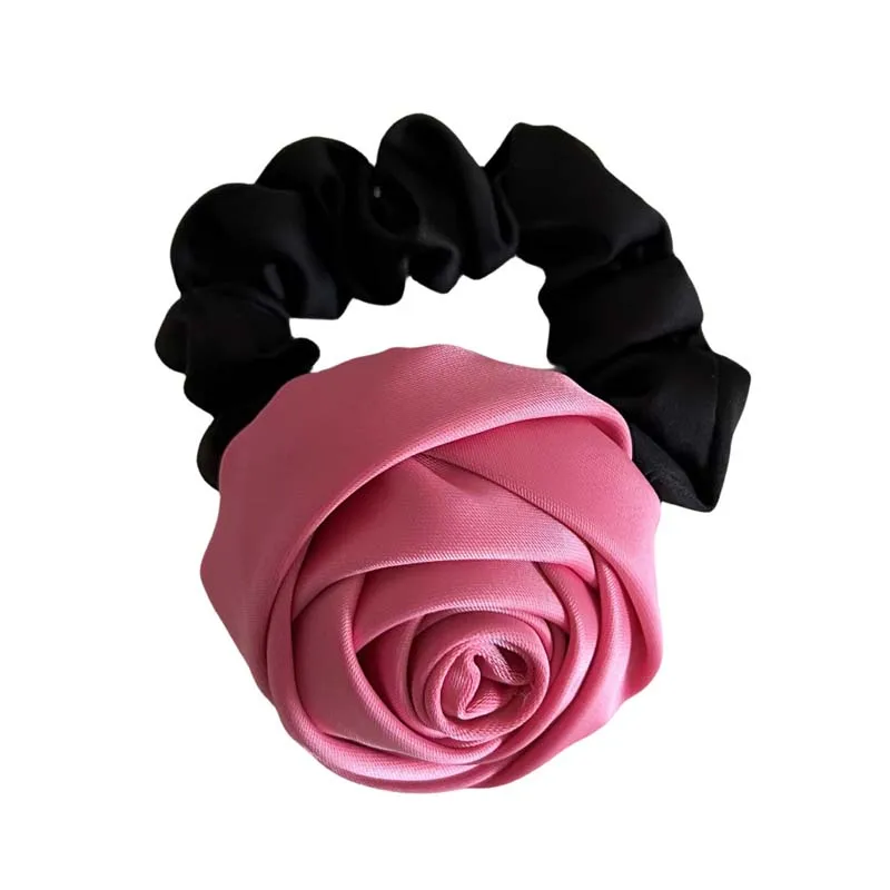 Korean Pink Rose Satin Flower Elastic Hair Bands Hair Scrunchies