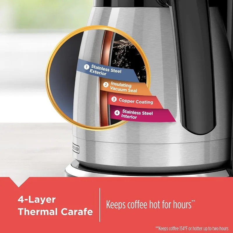 Cafetière thermique programmable, 12 tasses, force de brassage et technologie, noir, acier, CM2046S