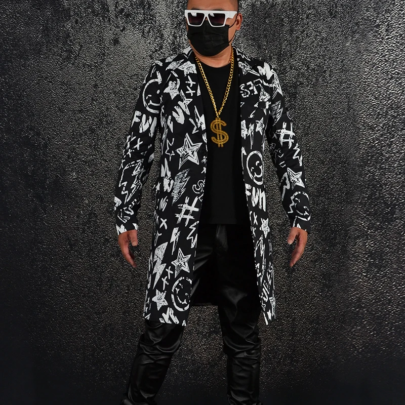 New Men Fashion Black White Graffiti Suit Jacket Mens Long Casual Suits Nightclub Tide Male Hair Stylist Coat DJ Stage Costume