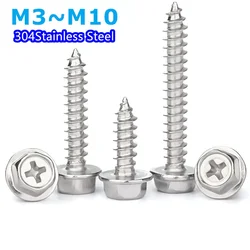 1-10pcs 304Stainless Steel M3 M4 M5 M6 M8 M10 Self-Tapping Phillips Hex Screw Cross Hexagonal Flange Cross Head Screws Wood Nail