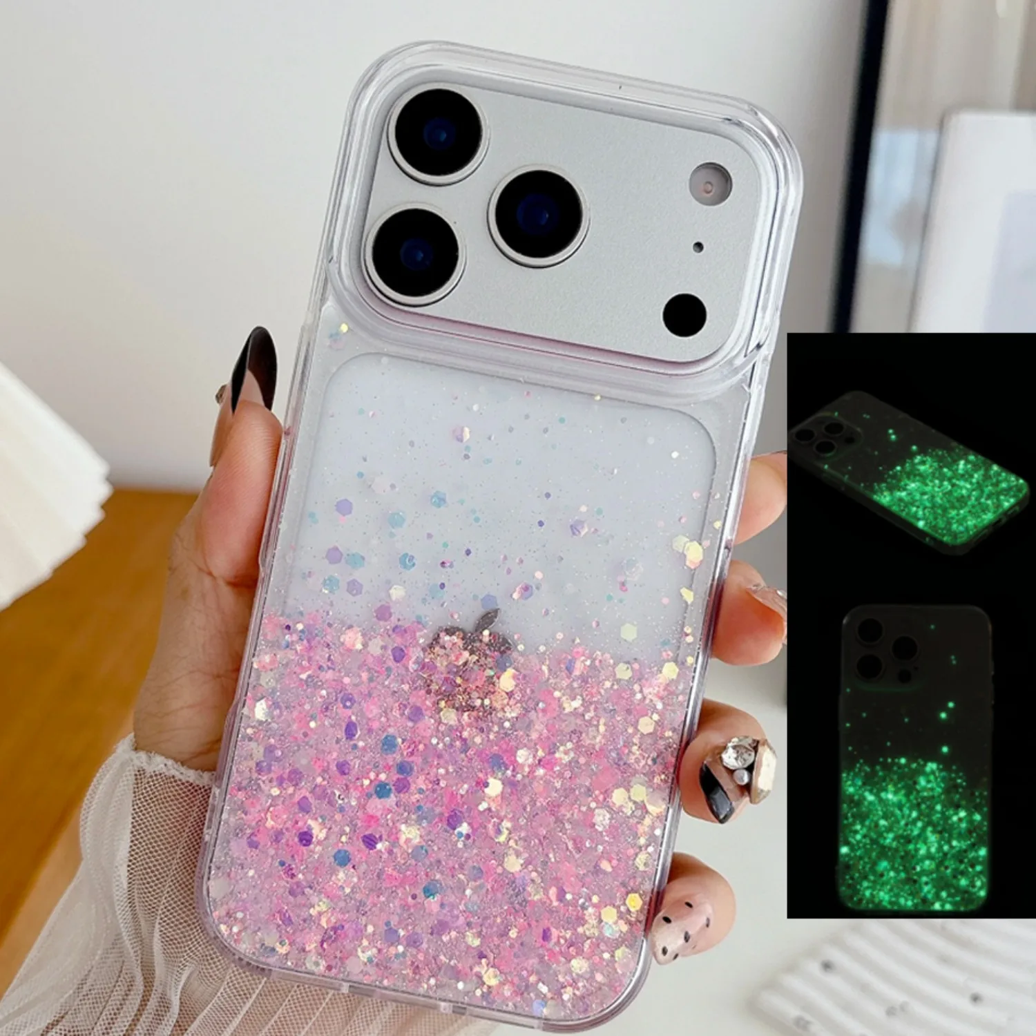 Night Lighting Glowing Luminous Glitter Silicone Case For iPhone 17 Air 16 15 14 Plus 13 12 11 Pro Max Phone Neon Sequins Cover