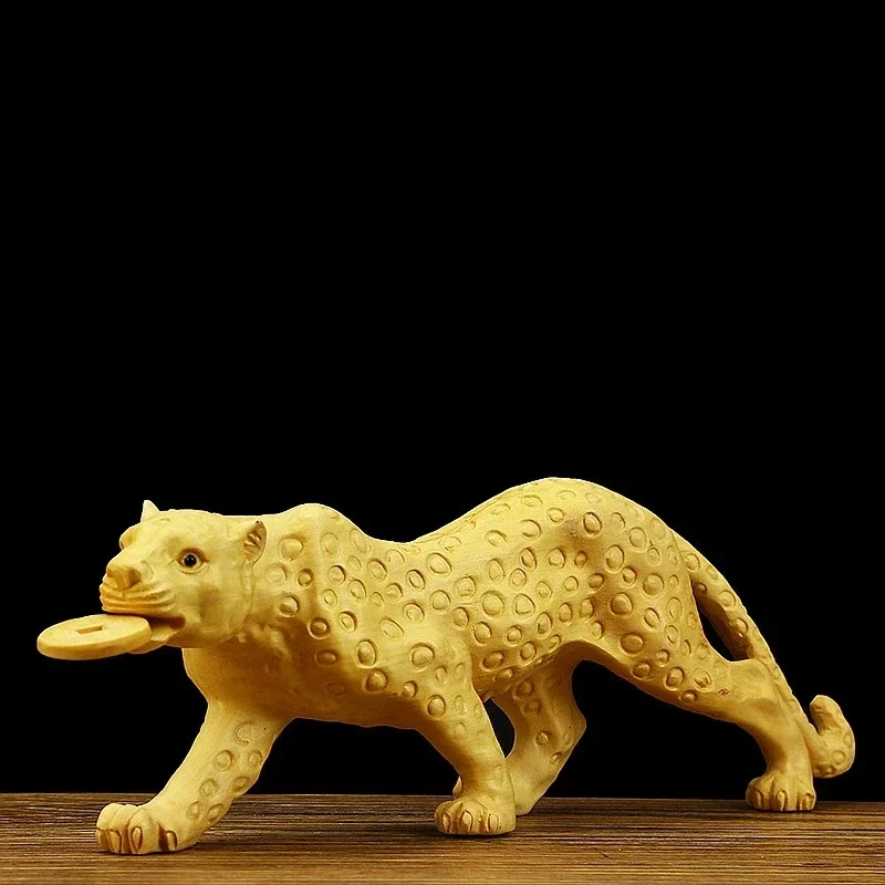 7.5*4*20cm Handmade Boxwood Carving Fengshui Leopard Vivid Figurine Lifelike Collective Wealth Home Putting Crafts