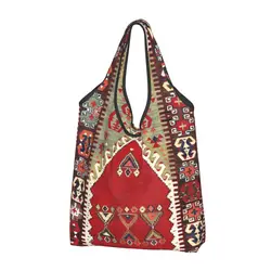 Custom Aksaray Tribal Antique Turkish Kilim Shopping Bag Women Portable Grocery Bohemian Ethnic Persian Carpet Tote Shopper Bags