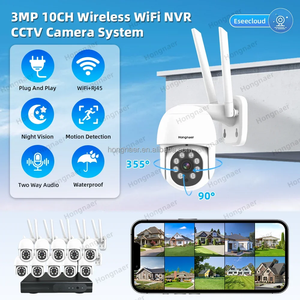 2026 Hongnaer 3MP 10 Channel Outdoor Video Home Security IP NVR CCTV WiFi PTZ Camera Kit Set System Eseecloud Wireless Surveil S