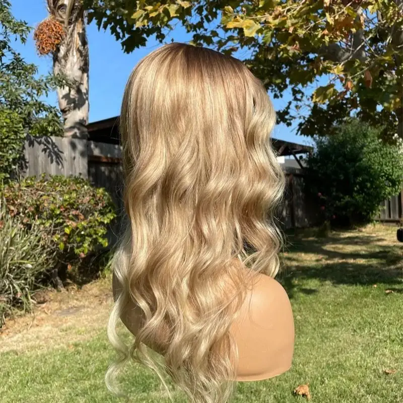 Perruque Full Lace Frontal Wig 100% naturelle, cheveux humains, 13x4, balayage, blond gênant, racines brunes, dentelle suisse transparente