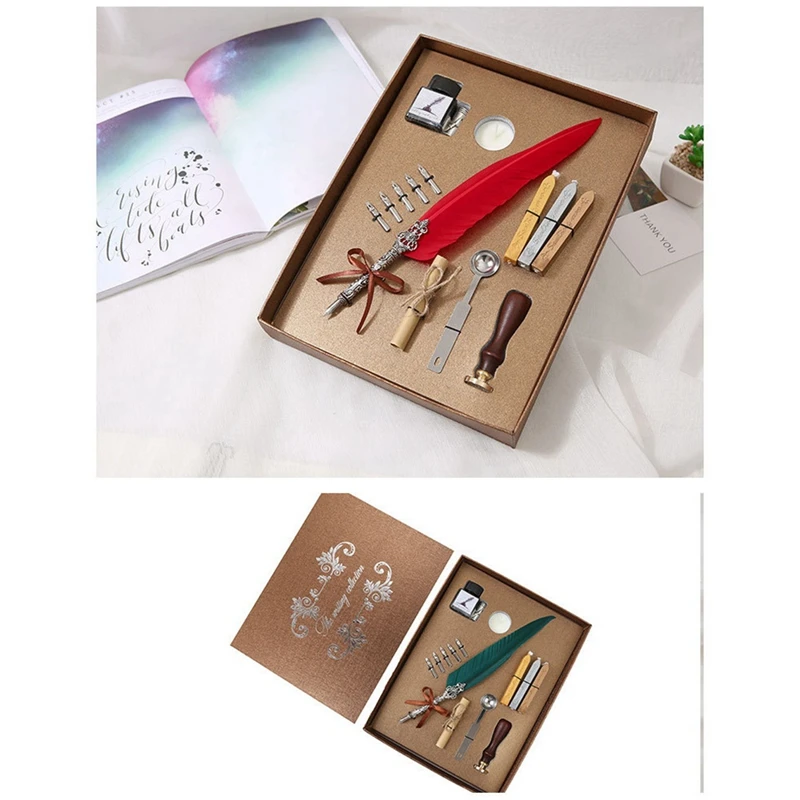 ปากกาปากกาชุดหมึก Vintage Feather Dip ปากกาเขียนหมึก Nibs ชุดซีลแสตมป์ Wax Seal Sticks