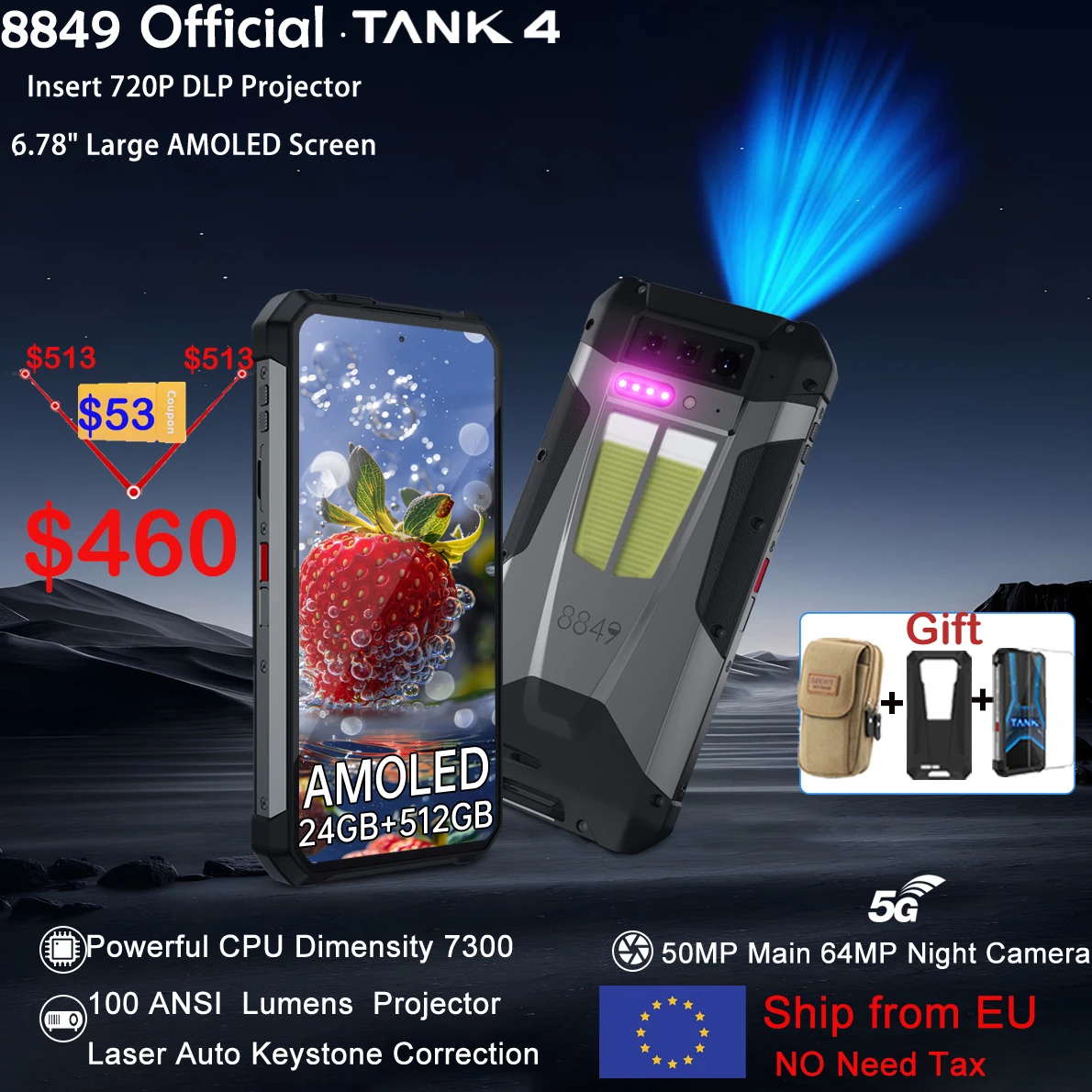 8849 Tank 4 Unihertz 5G Rugged Smartphone Projector 720P 100 Lumen 6.78'' AMOLED 512G Android14 11600mAh Dimensity 7300 120Hz