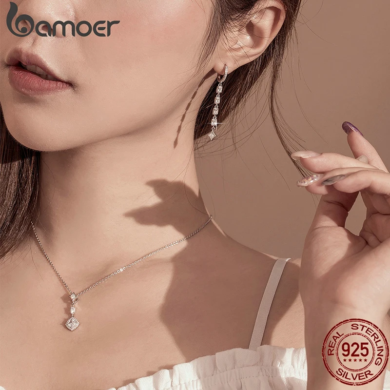 BAMOER-pendientes largos de Plata de Ley 925 con circonita cúbica, joyería fina clásica cuadrada para boda, regalo de Navidad