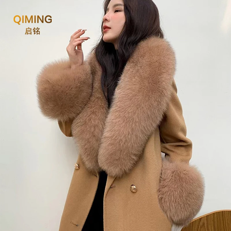 Winter Real Fox Fur Collar Women Large Fur Scarf Suit Fluffy Fur Shawl Fur Cuff Set Luxury Furry Wraps Scarves Coat Jacket Adorn