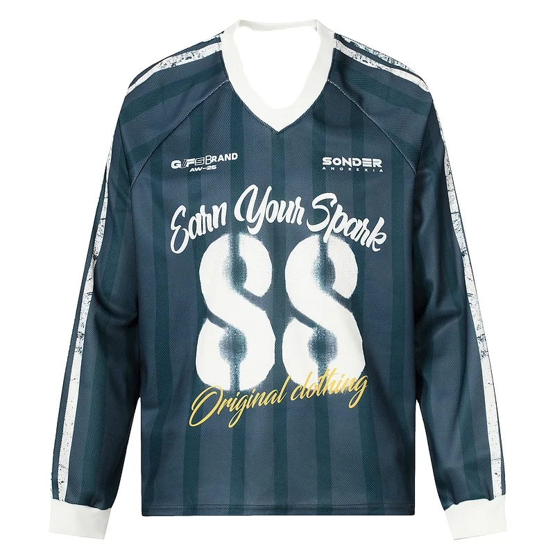 

2025 Street Trend Y2K Полосатая цифровая 3D-печать 88, дышащая быстросохнущая рубашка с v-образным вырезом и длинными рукавами