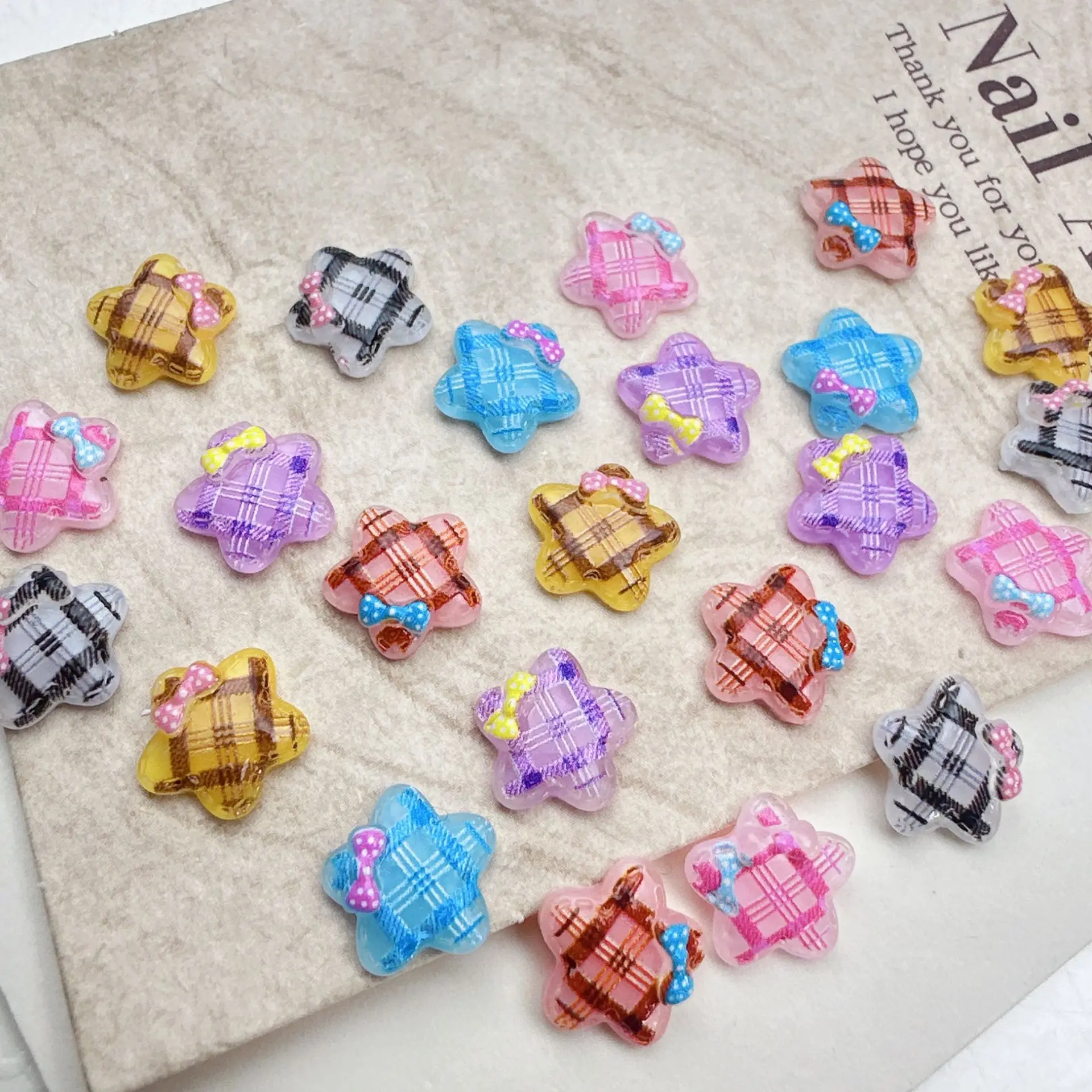 30pcs, 11*11mm, Ice Clear, Checkered Pattern, Five-Pointed Star, Star, Bow, Bow Tie, DIY, Nail Art Accessories, Wearable Nail D